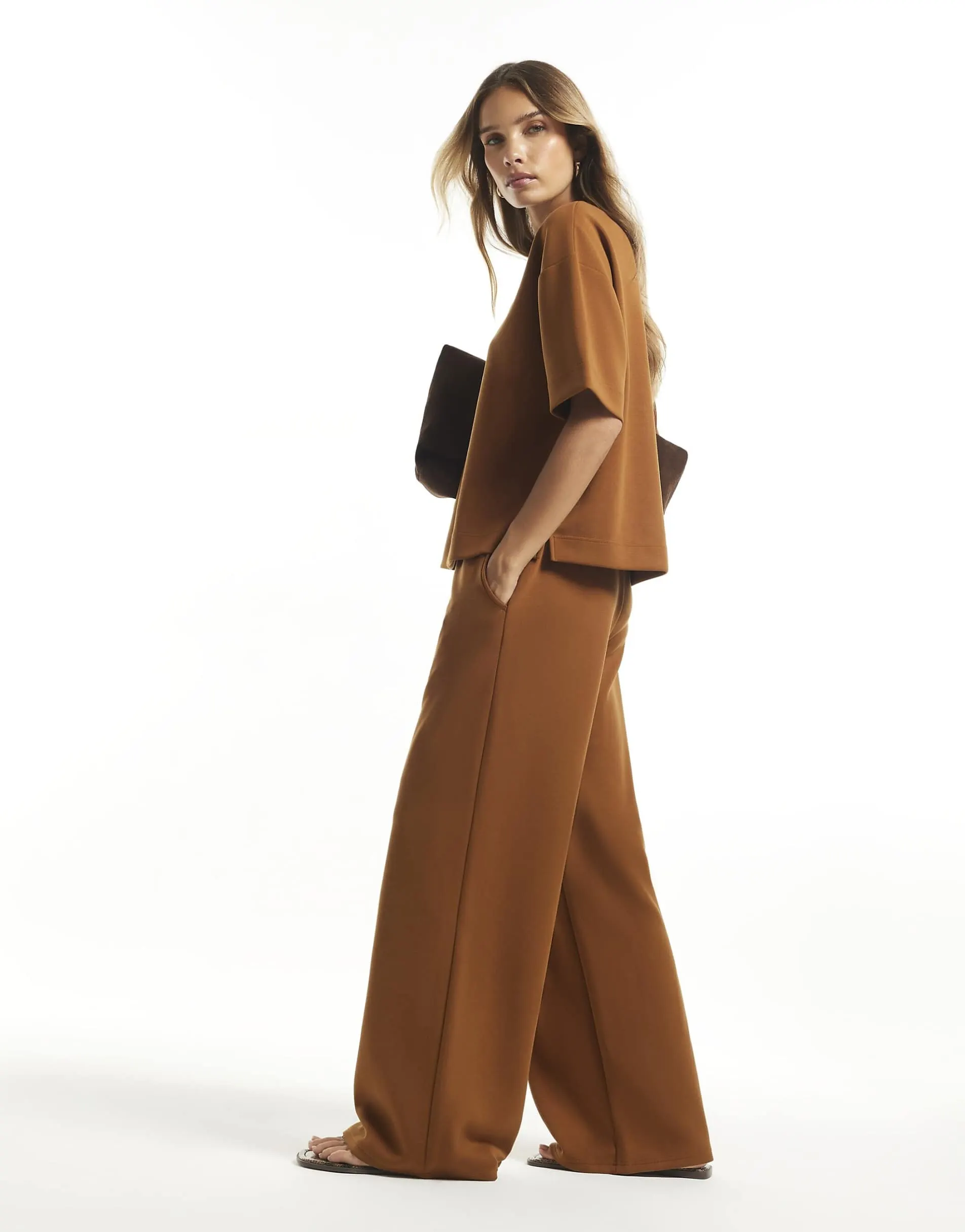 River Island Premium wide leg joggers in brown