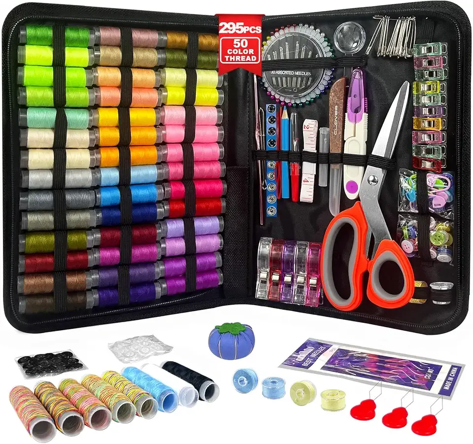 HYHJMISTY Sewing Kit for Adults, 50 Color Sewing Thread Kit, 295PCS Sewing Accessories with Ergonomic Scissors, Portable Professional Mending Essentials for Travel, Home, Beginners