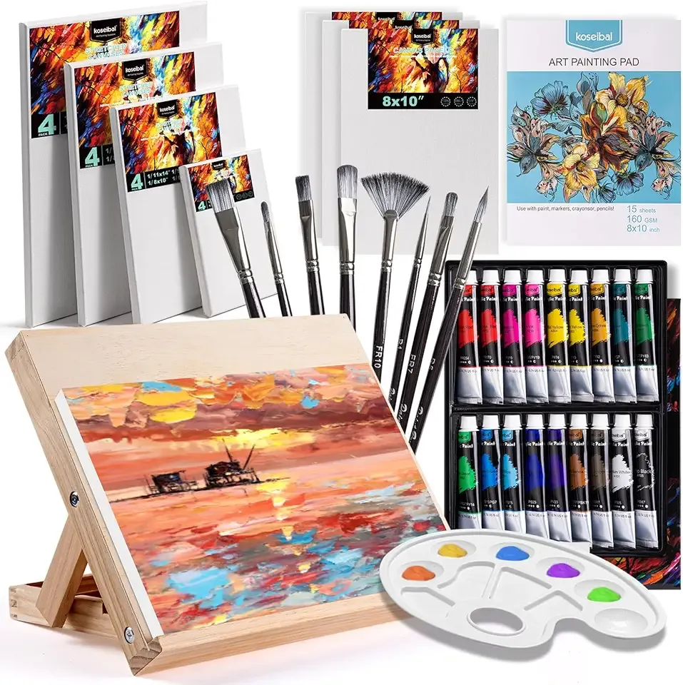 koseibal Acrylic Art Set with 18 Acrylic Paints, 8 Brushes, 4 Stretched Canvas, 1Wooden Easel, Etc, Premium Painting Supplies Kit for Students, Artists Kids, Adults, and Beginner