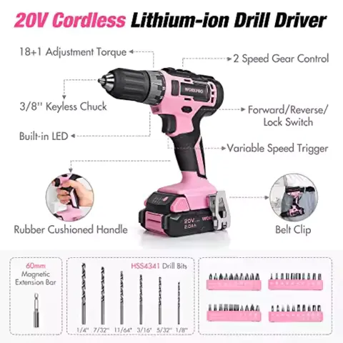 Safety Work Gloves and WORKPRO Pink Home Tool Kit with Drill 157PCS Pink Tool Set with 20V Cordless Lithium-ion Drill G