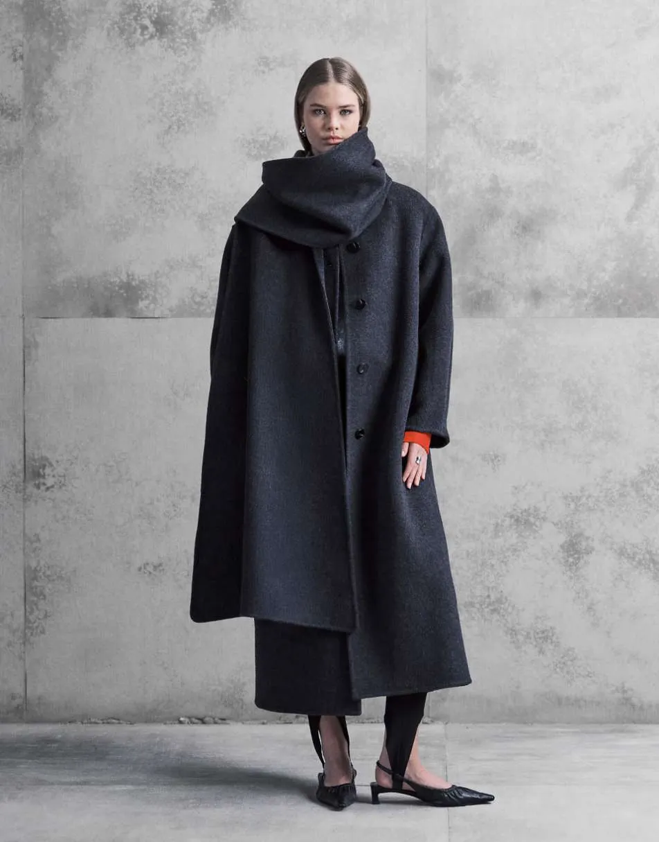 ASOS DESIGN premium wool rich longline coat with detachable scarf in charcoal