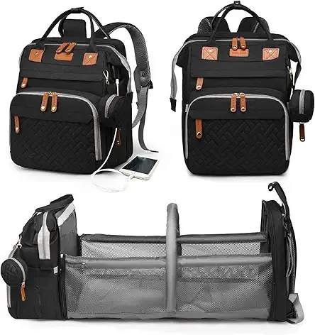 Baby Diaper Bag with Changing Station, Waterproof Diaper Bag Backpack for Moms Dads with USB Charging Port, Baby Shower Gifts, Baby essentials, Black