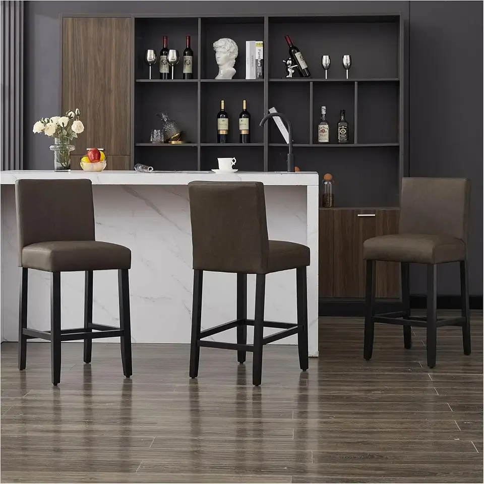 26'' Bar Stools Set of 3, Modern Upholstered Faux Leather Counter Height Bar Chairs with Soild Wood Legs and Back, for Home Bars and Kitchen Islands
