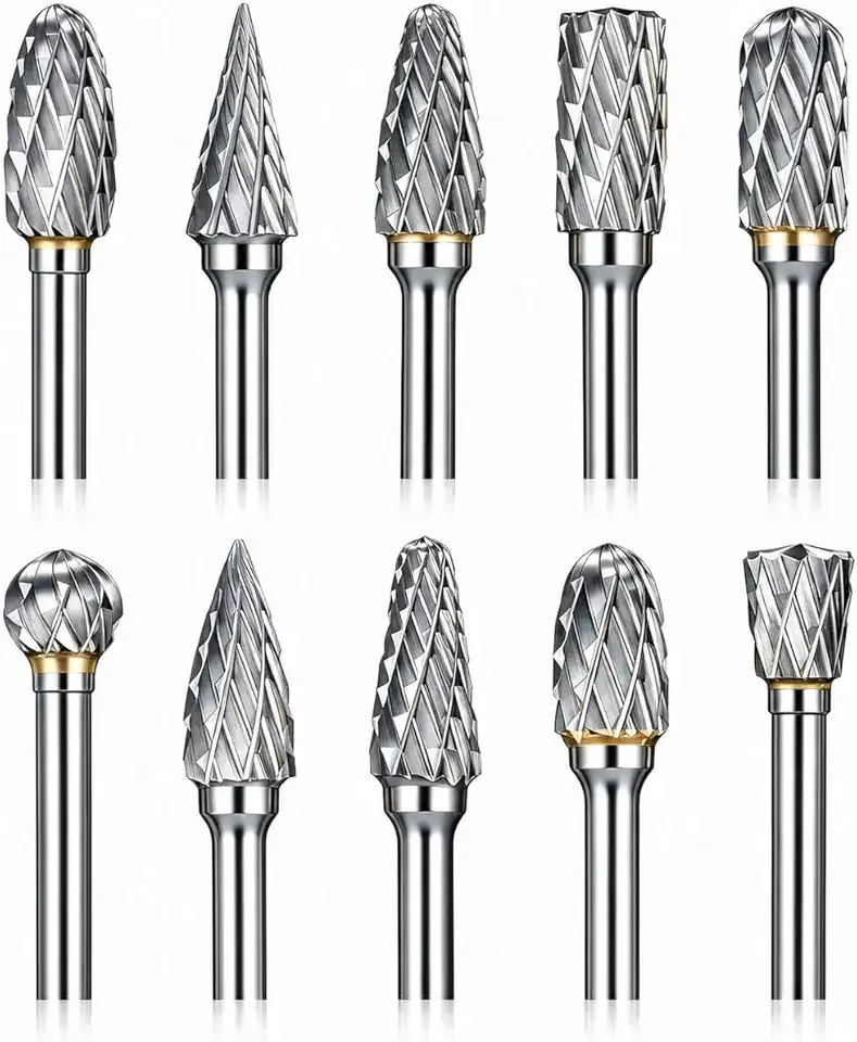 Sworker 10 Pcs Carbide Burr Set 1/8" Shank w/ 2 Collets Compatible with Dremel Bits Rotary Tools Attachment Kit Rasp Drill File Accessories Metal Wood Stone Steel Grinding Carving Cutting Polishing