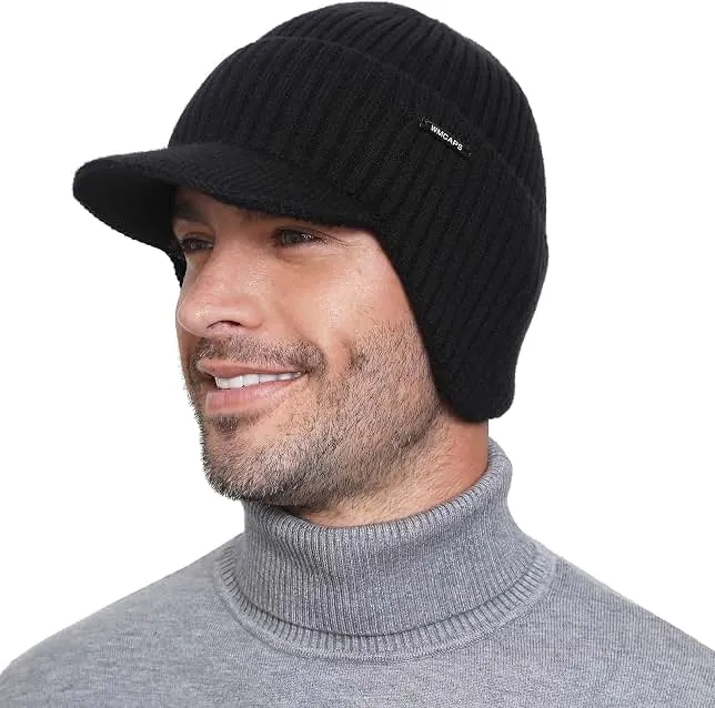 Wmcaps Winter Beanie with Brim & Ear Flaps, Fleece Lined Hat for Men Women | Ultra soft warm extended fleece, stretchy fit, shields sun/rain/s…