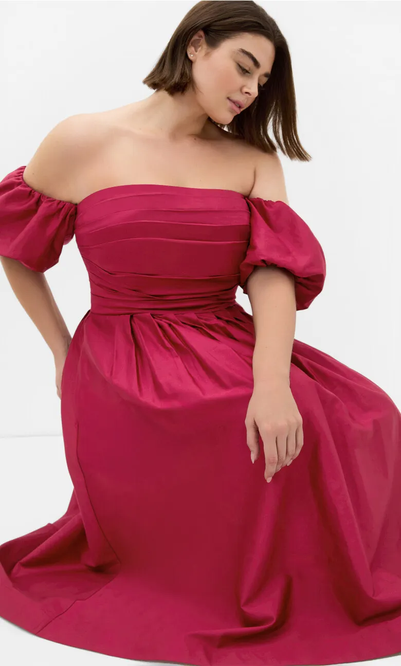 Rosalee Puff Sleeve Midi Dress - raspberry