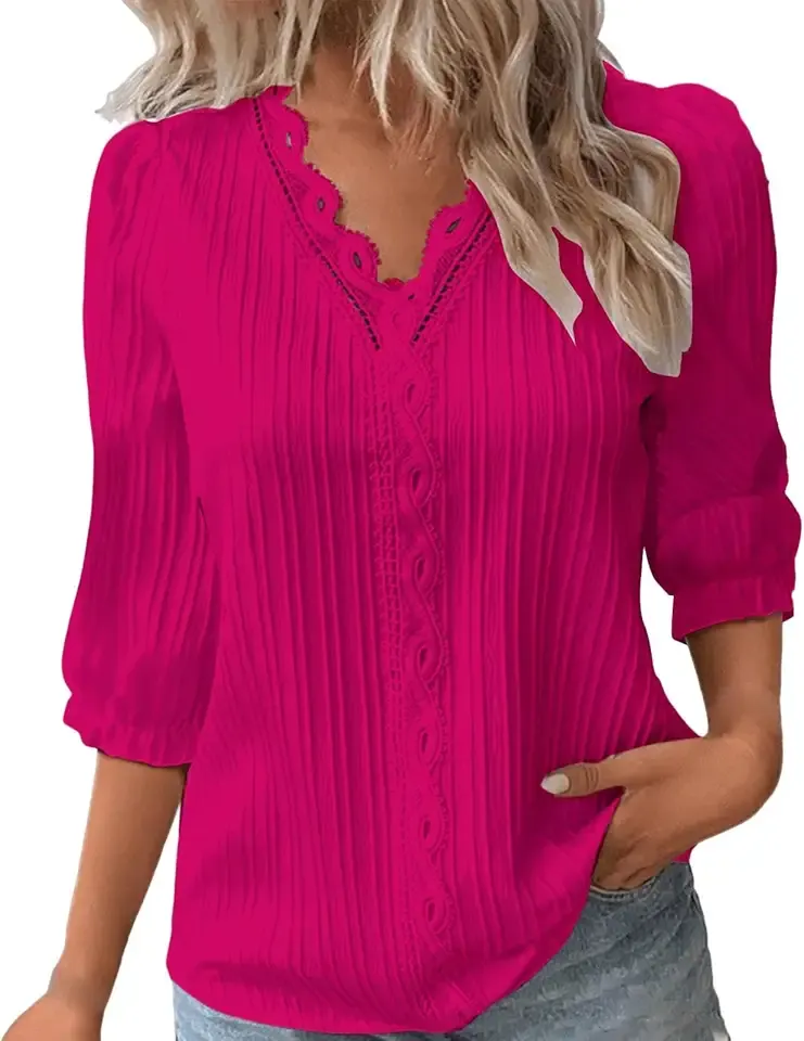 Women Summer Lace V Neck Plain Lace Elegant Shirt Fashion Solid Color Elegant Blouse Short Sleeve Plus Size Scrub Tops