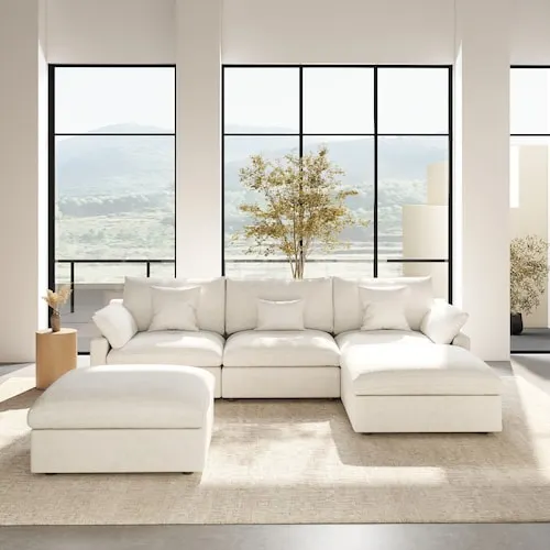Magic Home Modular 119 in. Flared Arm Linen Pine Wood Frame Sofa with Thick Cushion, Ottomans, Removable Covers in White