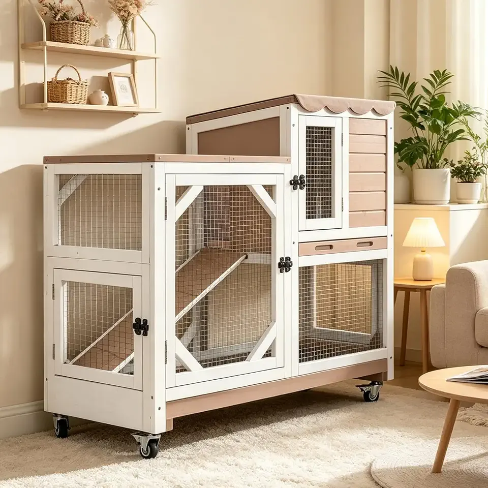 Aivituvin Rabbit Hutch Indoor Outdoor Bunny Hutch on Wheels, 2 Story Wood Guinea Pig Cages with 2 Deeper Pull Out Trays (Brown)