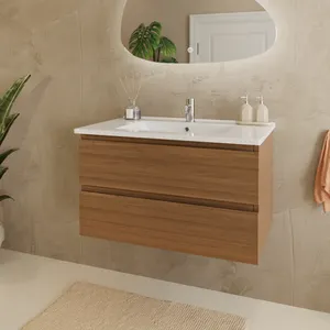 Mueble de baño suspendido 80 cm roble dorado - lavabo blanco - con 2 cajones - LOMAZOO Marenza