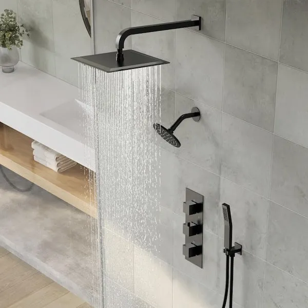 EVERSTEIN 5-​Spray Square 12 in.​ Rain Wall Mount Shower System with 6 in.​ Shower Head Handheld shower in Matte Black 2.​5 GPM