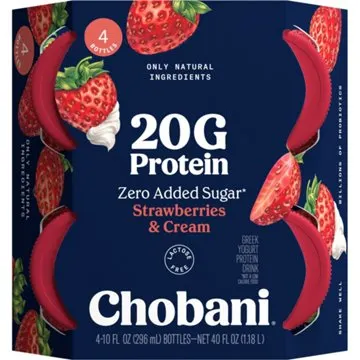 Chobani 20G Protein Zero Sugar Added Strawberries & Cream Yogurt Drink 10 oz Bottles, 4 ct