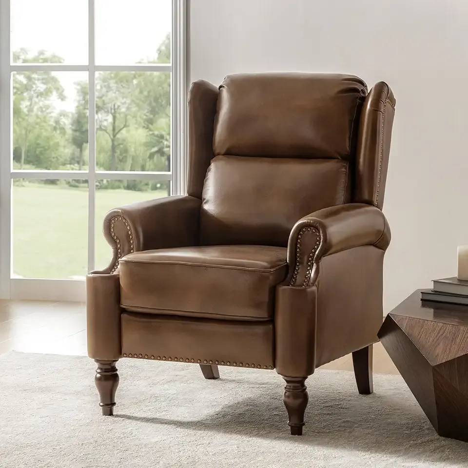 HULALA HOME Genuine Leather Recliner Chair for Living Room, Classic Nailhead Trim Comfy Pushback Armchair, Single Sofa Chair with Built-in Footrest, Nut Brown