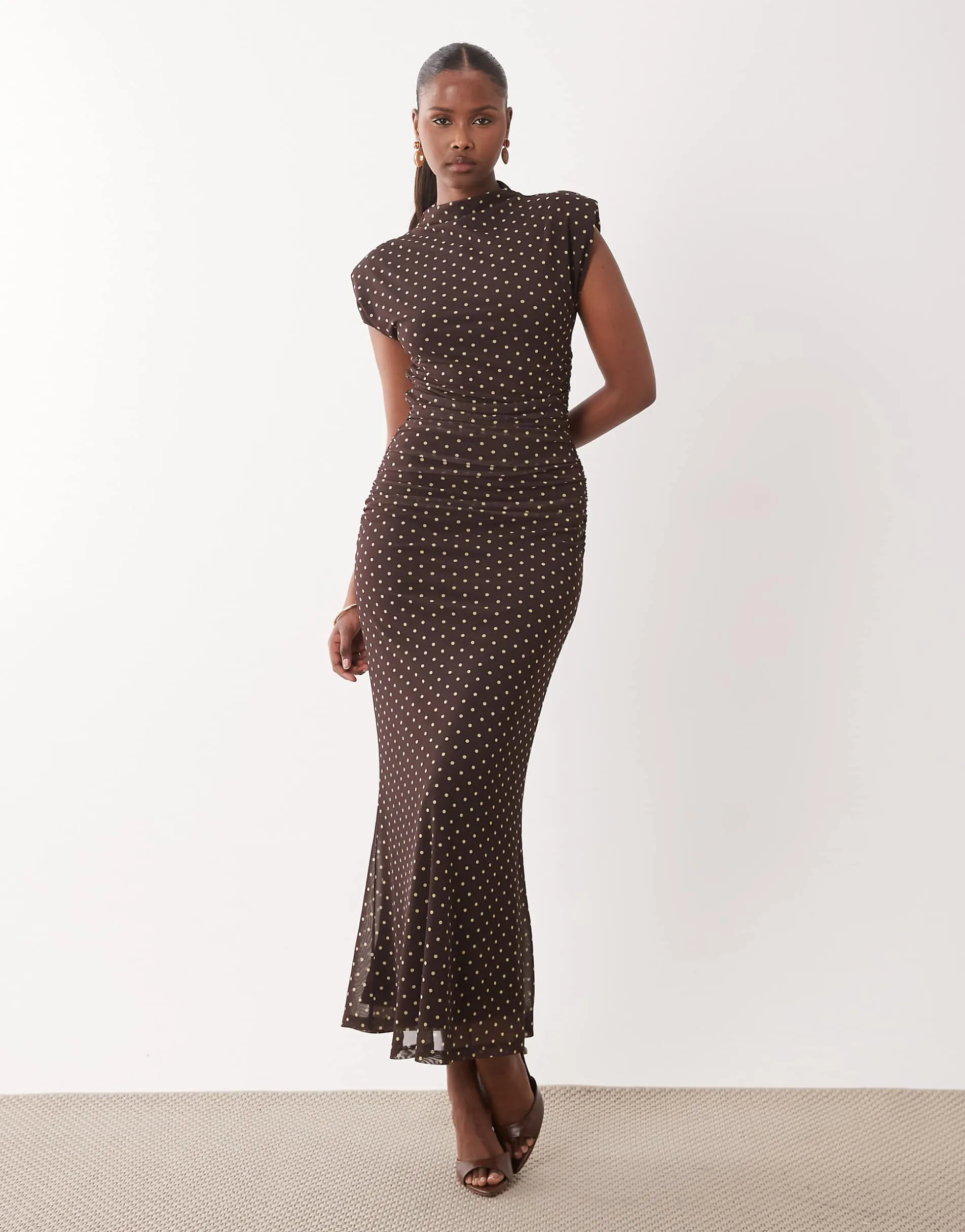 ASOS DESIGN printed mesh high neck detail maxi dress with shoulder pads in polka dot