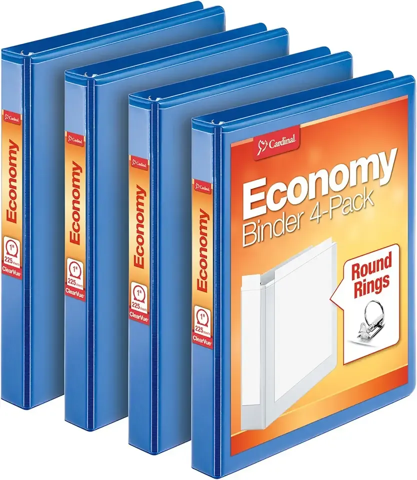 Cardinal Economy 3 Ring Binder, 1 Inch, Presentation View, Blue, Holds 225 Sheets, Nonstick, PVC Free, 4 Pack of Binders (79511)