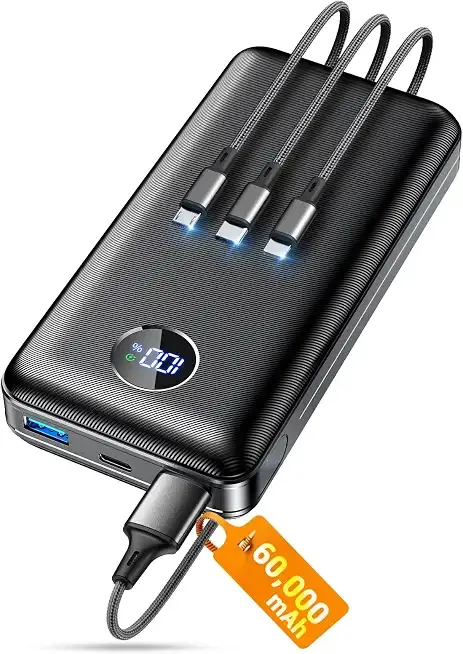 ZZI Portable Charger Power Bank 60000mAh, 22.5W PD Fast-Charge Battery Pack | Charge 5 Devices, 3-Ports & 3 in 1 Cable, 60% in 30min, 10 times for iPhone, Fit All Cell Phone/Tablets,Camping/Travel/Outage