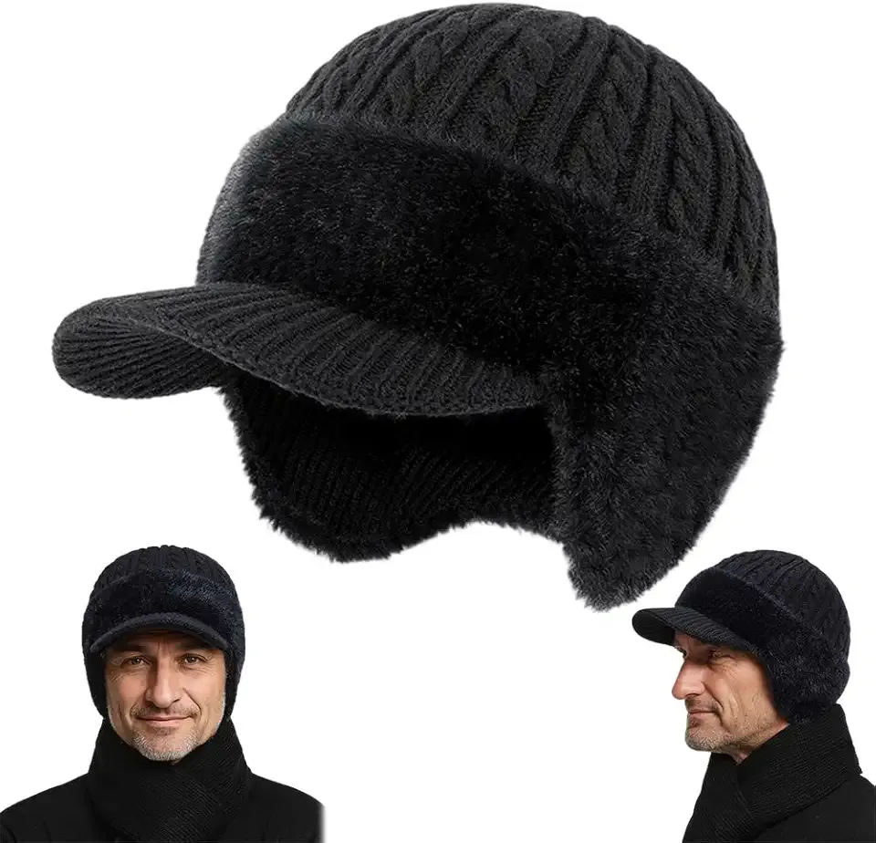 Men’s Winter Knitted Earflap Hat, 2026 Winter Beanie with Brim and Ear Flaps Outdoor Warm Fleece Hat for Women Men