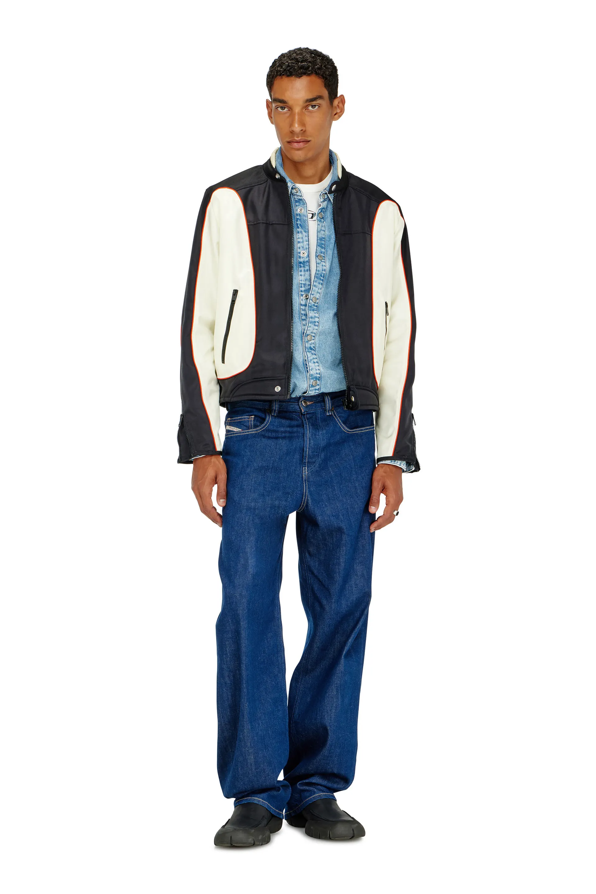 Colour-block biker jacket with piping