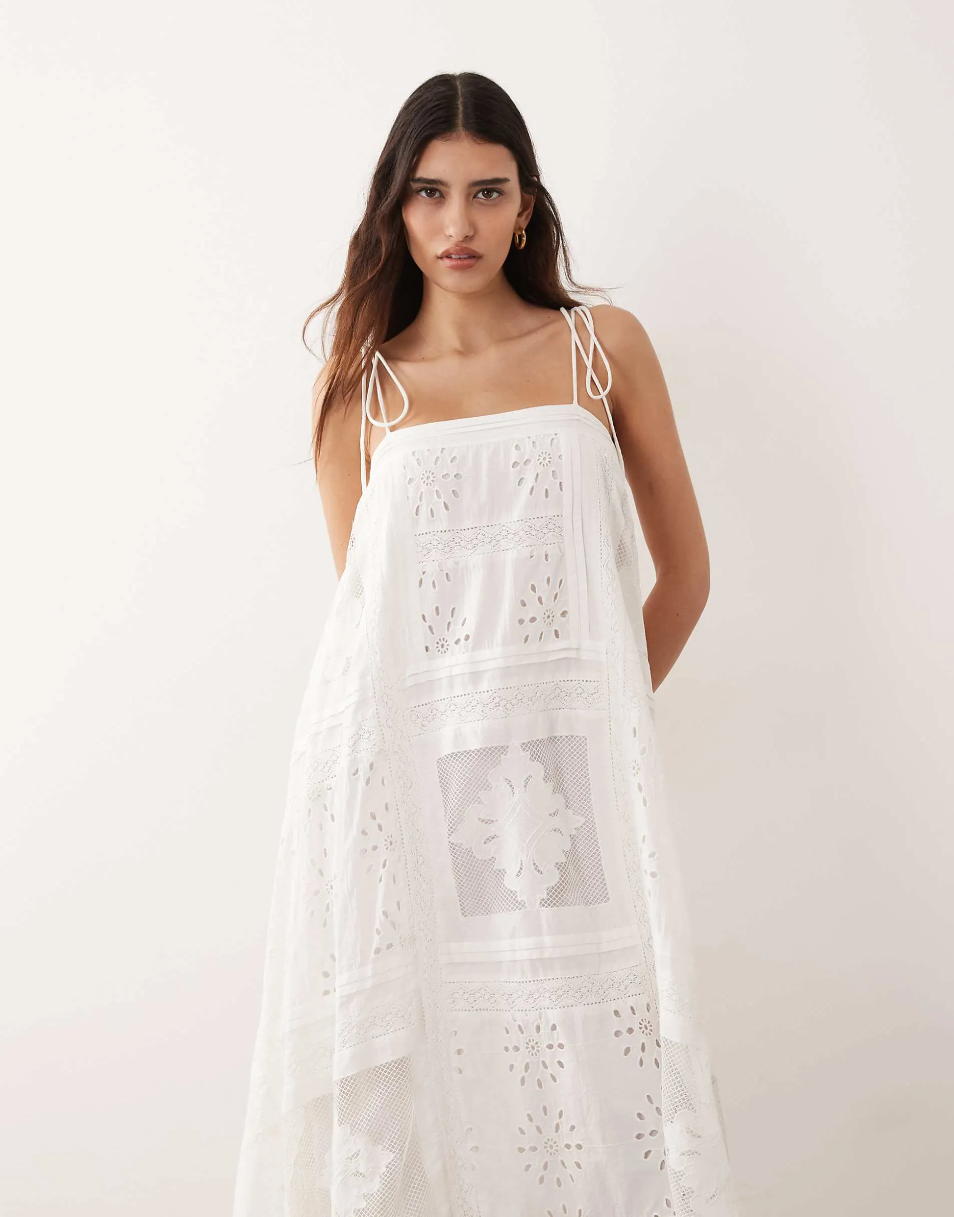 ARRANGE square cut embroidered midi dress in white