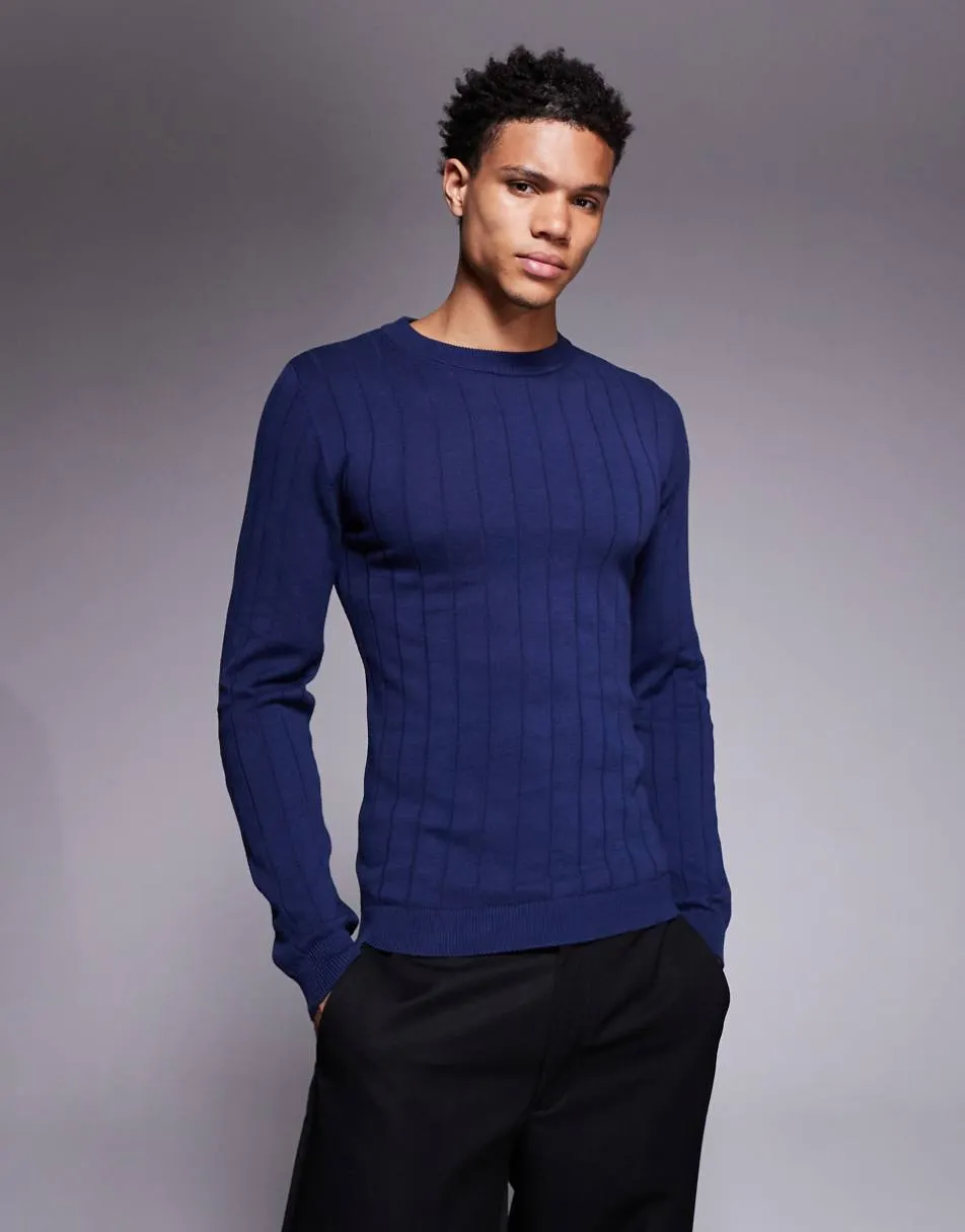ASOS DESIGN muscle fit long sleeve knitted rib t-shirt in navy