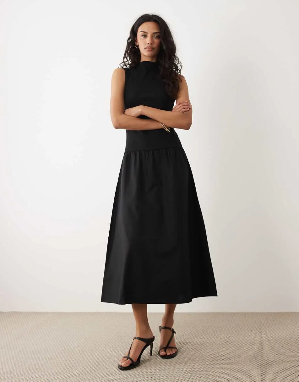 Mango cotton mix racer midi dress in black