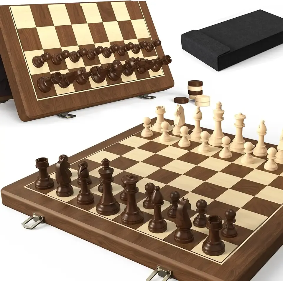Premium Natural Walnut 15" Magnetic Wooden Folding Chess & Checkers Set- 2 in 1 Board Game with 3" King Staunton Pieces and 2 Extra Queens, Checkers, and Dust-Proof Storage Bag (Black)