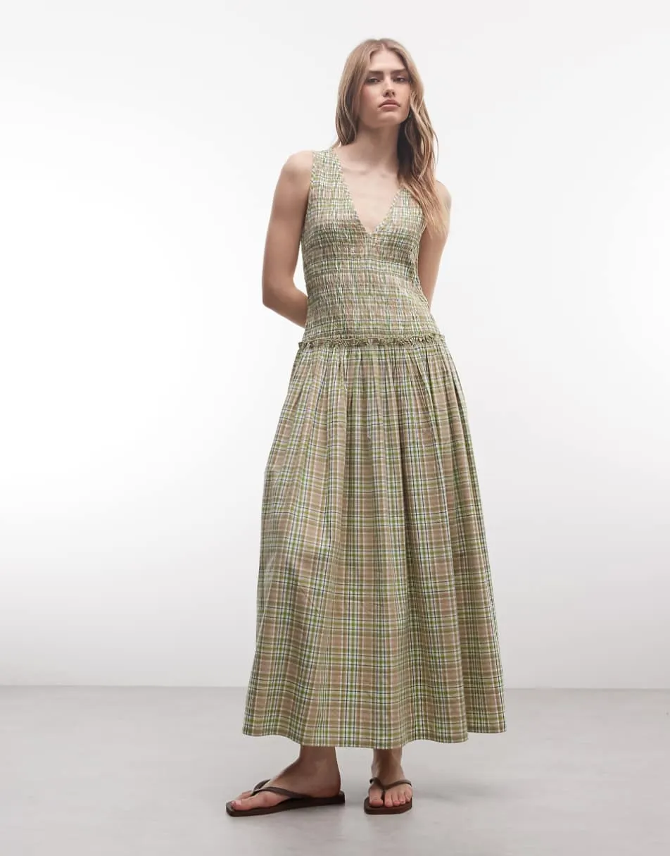 COLLUSION shirred v-neck maxi dress in green check