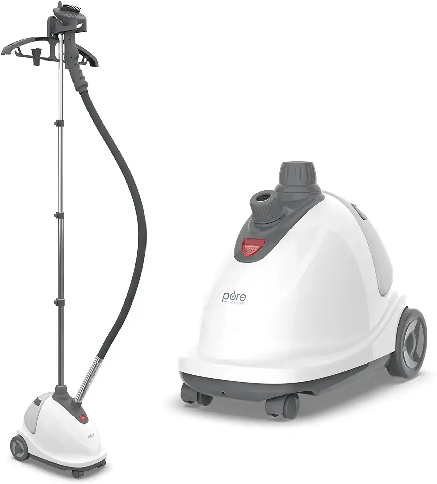 Pure Enrichment PureSteam XL Standing Fabric Steamer - Professional Wrinkle Remover Heats in 45 Seconds; 1/2-Gallon Tank for 1 Hour of Steaming; Easy-Roll Wheels, Garment Hanger, & Fabric Brush
