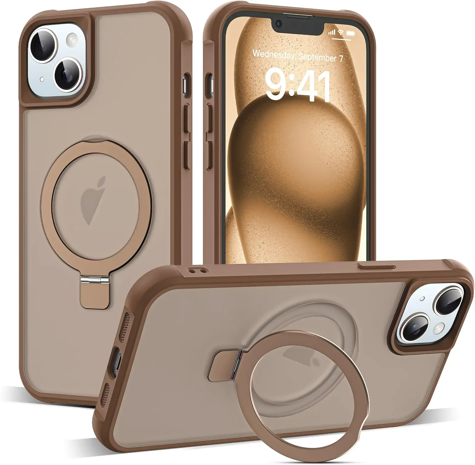 Compatible with iPhone 15 Case with Invisible Magnetic O-Ring Stand Military-Grade Translucent Case for iPhone 15 6.1" [Compatible with Mag-Safe][Great Grip Feeling],Desert Brown