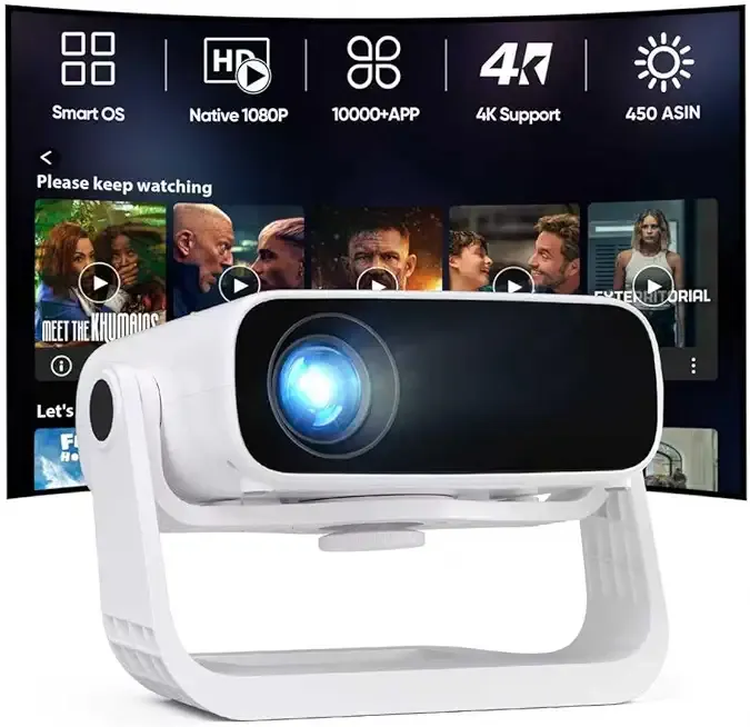 Smart Projector with WiFi and Bluetooth Built-in 10000+ Apps - 450 ANSI 4K Support Mini Movie Projector Native 1080P with 120° Rotation, Auto Keystone & Zoom 2025 New Portable Bedroom Proyector