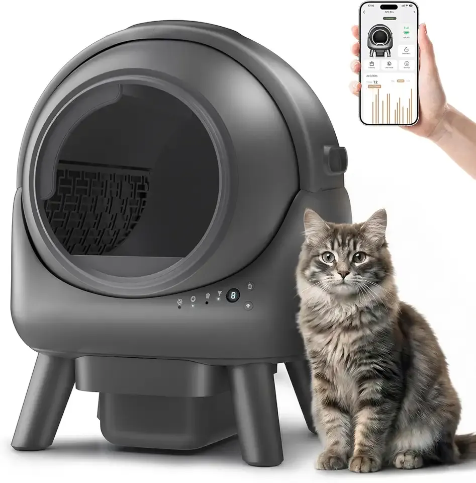 Self Cleaning Litter Box, Automatic for Multiple Cats, APP Control & Safety Sensors, Large Opening, Odor-Free with 15-Day Waste Container, Includes Trash Bags, Gray