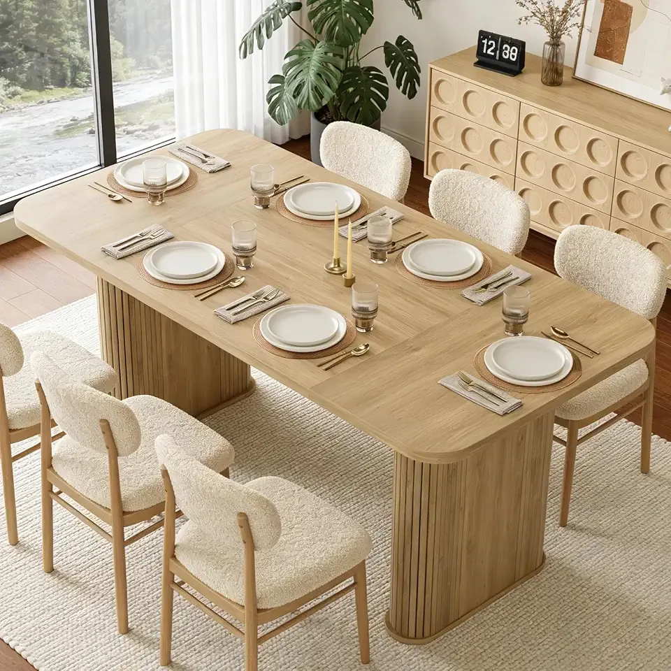 Dining Table for 6-8 People - 62" Modern Long Kitchen Table with Large Tabletop & Heavy Duty Pedestal Legs, Rectangular Dinner Table for Rectangular, Kitchen, Conference Room, Living Room, Natural