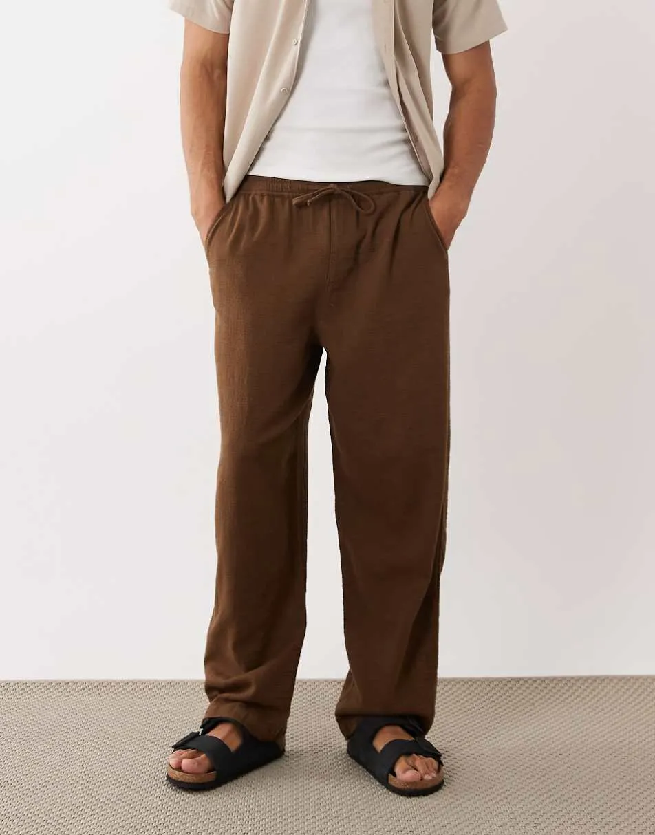 ASOS DESIGN loose straight textured trousers in brown with elasticated waistband