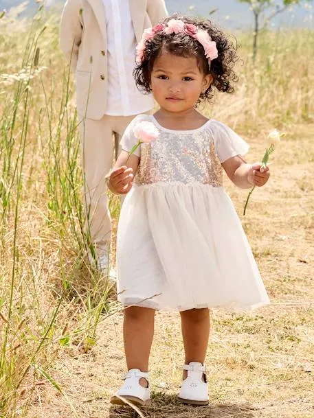 Robe manches courtes boutonnée dos à sequins - blanc