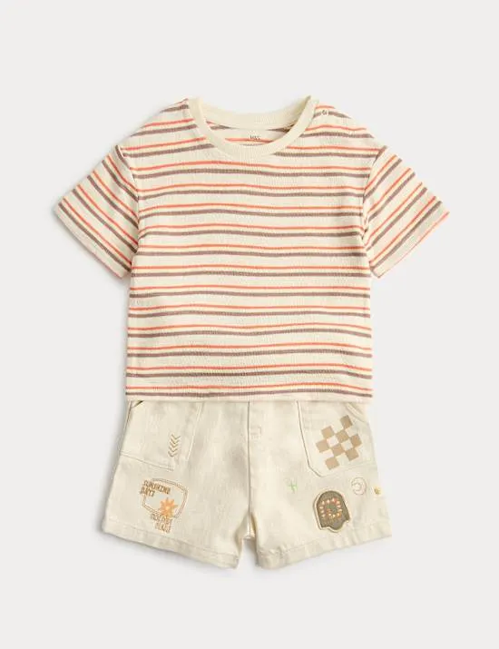 Gestreiftes Outfit aus Oberteil und Shorts mit Grafik (0 Monate–5 Jahre)