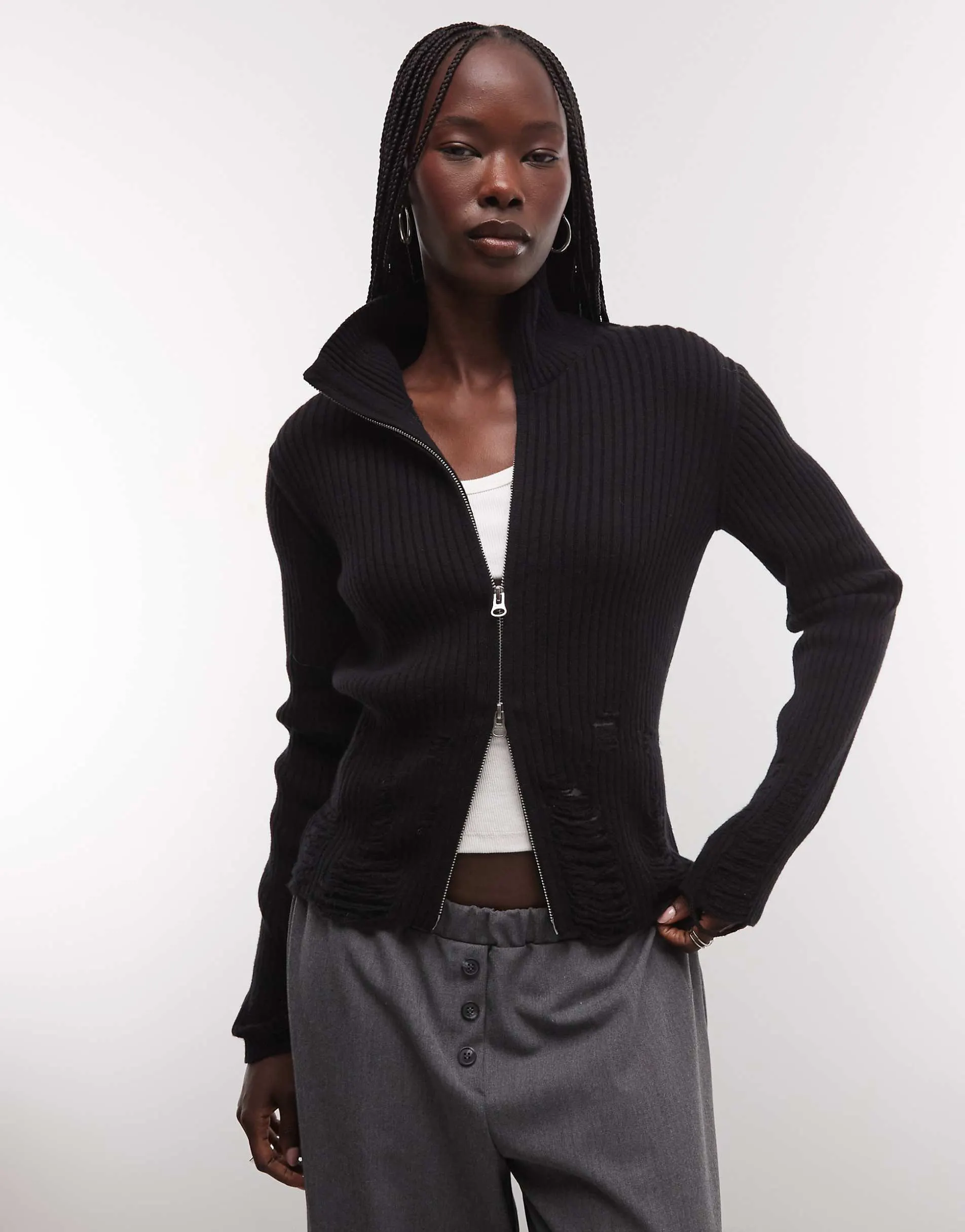 Weekday wool blend zip cardigan with distressed detail in black