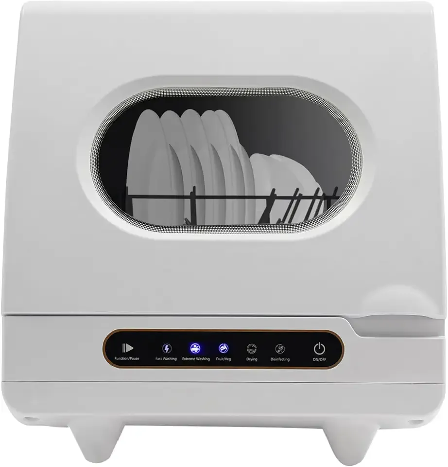 110V 6-Set Countertop Dishwasher, White, 800W, 1.32gal Water Tank, 5 Programs with High-Temp Sterilization for Small Kitchens and RVs