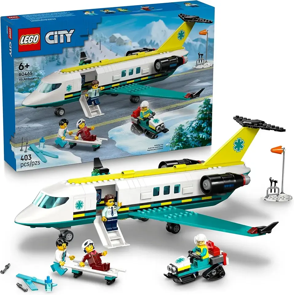City Emergency Air Ambulance Airplane Building Toy for Kids - Pretend Play Rescue Airplane Model for Boys & Girls, Ages 6+ - Building Blocks W/Hero Minifigures - Gift Idea for Birthdays - 60465