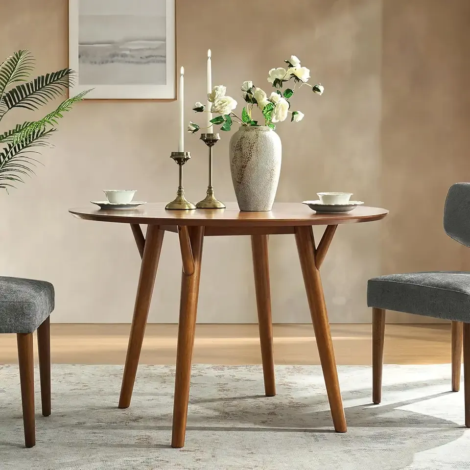 HULALA HOME Round Dining Table for 4, 45” Solid Wood Kitchen Dining Room Table, Small Dinner Coffee Writing Table for Kitchen Cafe Space Saving, Acorn