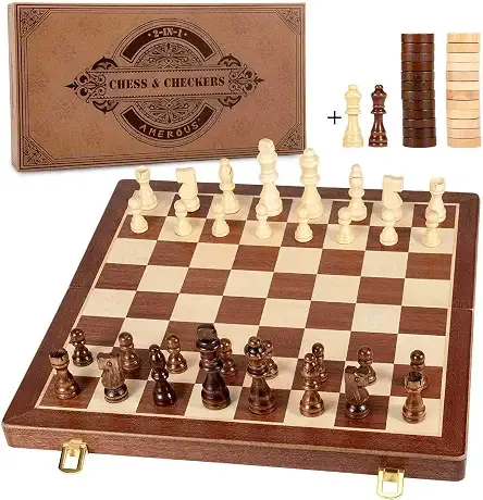 AMEROUS 15 Inches Magnetic Wooden Chess & Checkers Set (2 in 1) - Folding Board -Gift Box Packed -24 Cherkers Pieces -2 Extra Queens, Beginner Chess Set for Kids and Adults