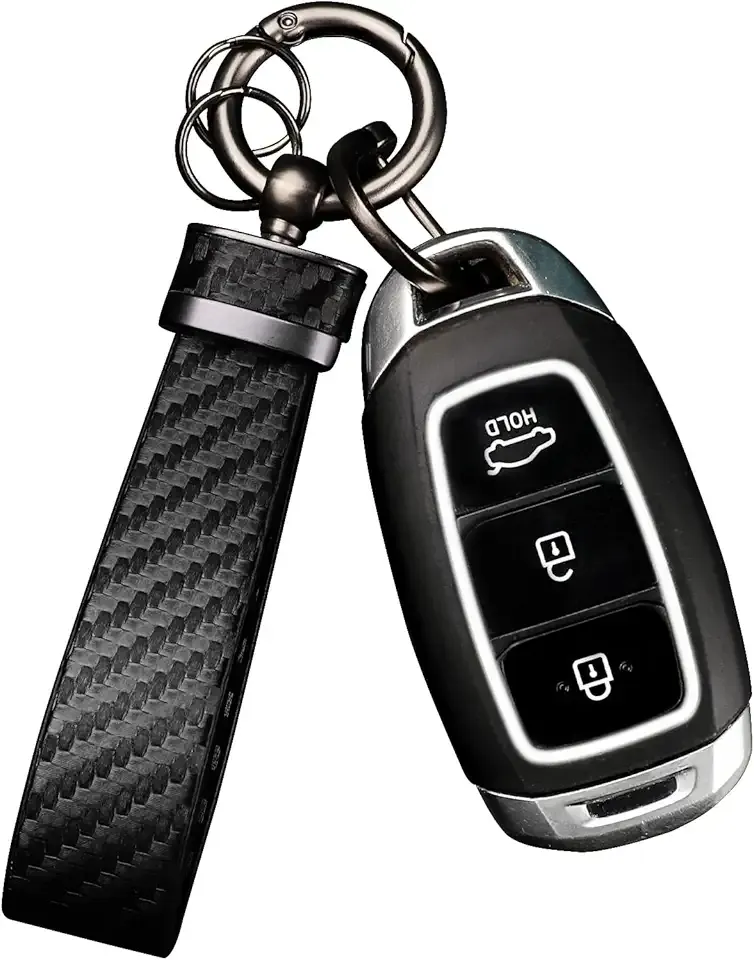 Turcee Leather Car Keychain - Carbon Fiber Interior Key Fob with Anti-Lost D-Ring - Car Accessory Key Ring (Black)