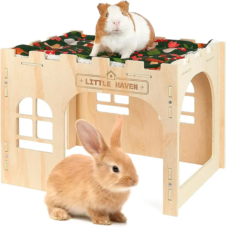 Glittme Wooden Rabbit Castle Hideout - Large Indoor Bunny House & Guinea Pig Hut with Roof Platform Bed Enrichment Cage Accessories for Chinchilla Ferret (Mat Included)
