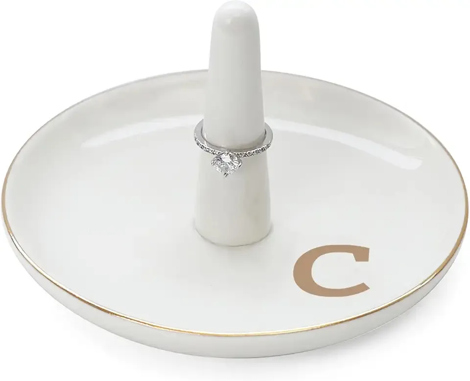 HOME SMILE Initials Ring Holder Jewery Tray with personalized C-Monogrammed Engagement Gifts for Friends,Birthday Mother's Day Christmas Gifts for Women,Ceramic White