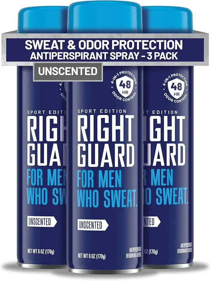 Right Guard Sport Unscented Antiperspirant & Deodorant Spray - 4-in-1 Protection Spray Deodorant For Men, Blocks Sweat, 48-Hour Odor Control, Quick-Drying, & Long-Lasting, 6oz (3 Pack)
