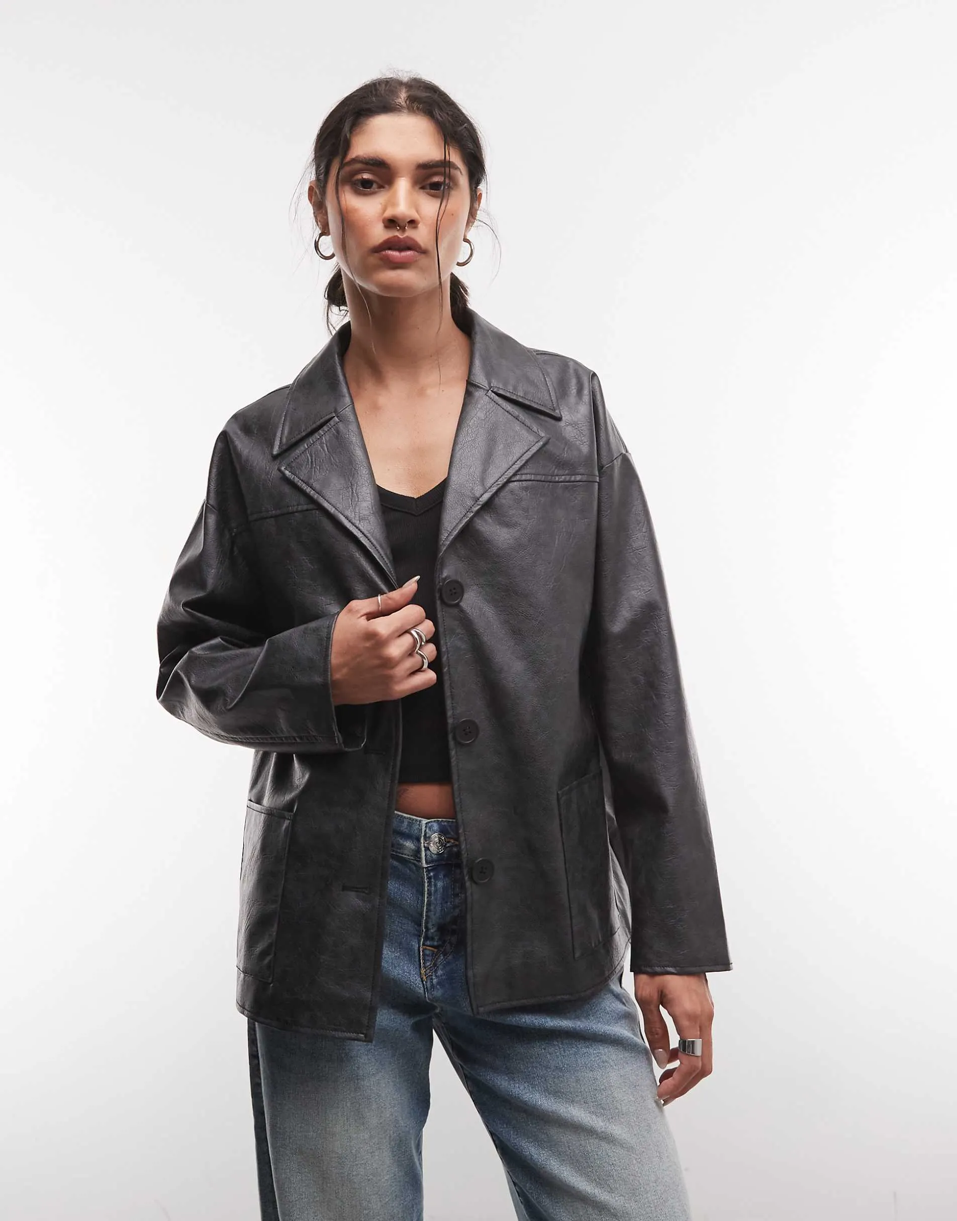 Reclaimed Vintage boxy fit leather look blazer in black