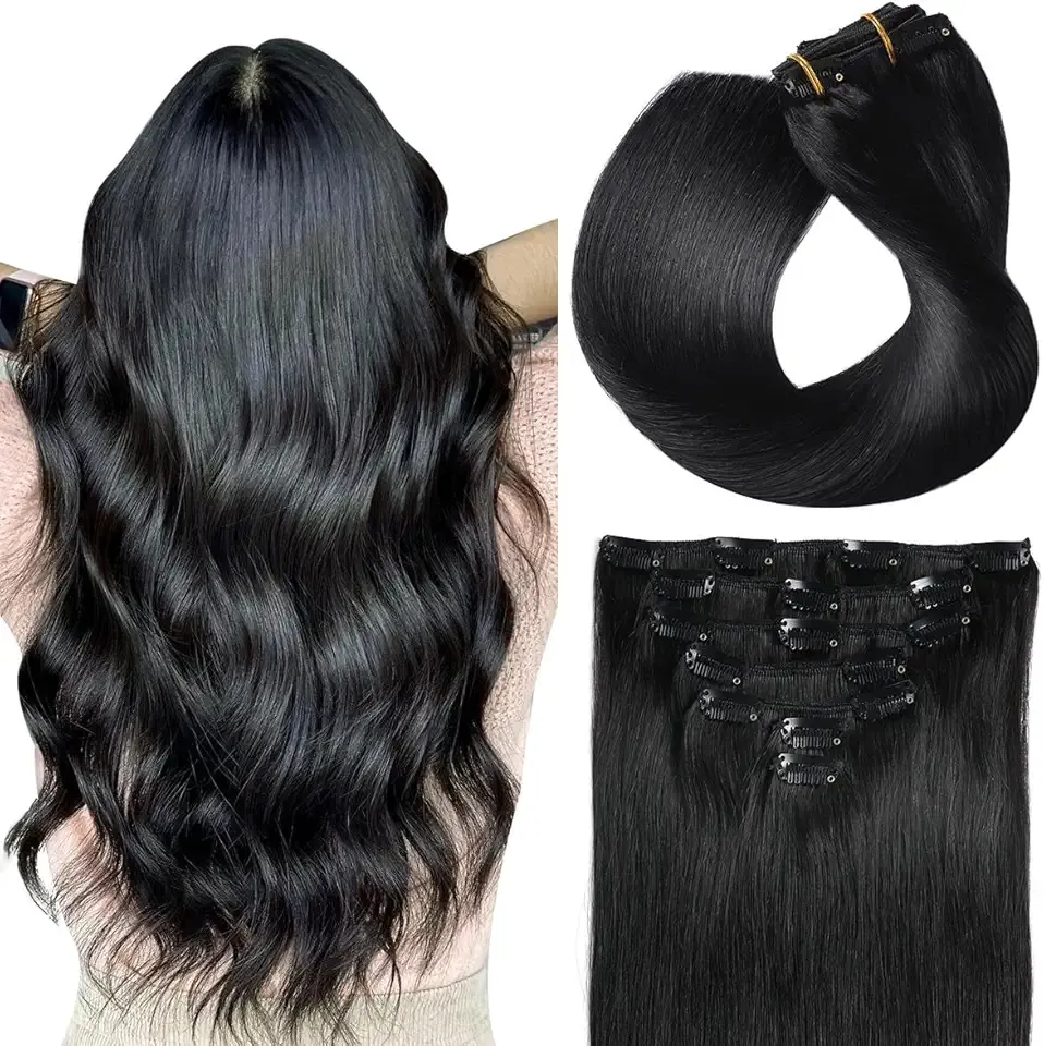 SUYYA Clip in Hair Extensions Real Human Hair 7 Pcs Human Hair Clip in Extensions Straight Remy Human Hair Extensions Clip ins for Women Double Weft 20 Inch #1 Jet Black 80G