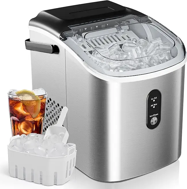 EUHOMY Ice Maker Countertop, Portable Ice Machine with Carry Handle, 26.5lbs Per Day, 9 Cubes in 6 Mins, Auto-Cleaning, with Basket and Scoop, for Home, Kitchen, Camping, RV (Silver)