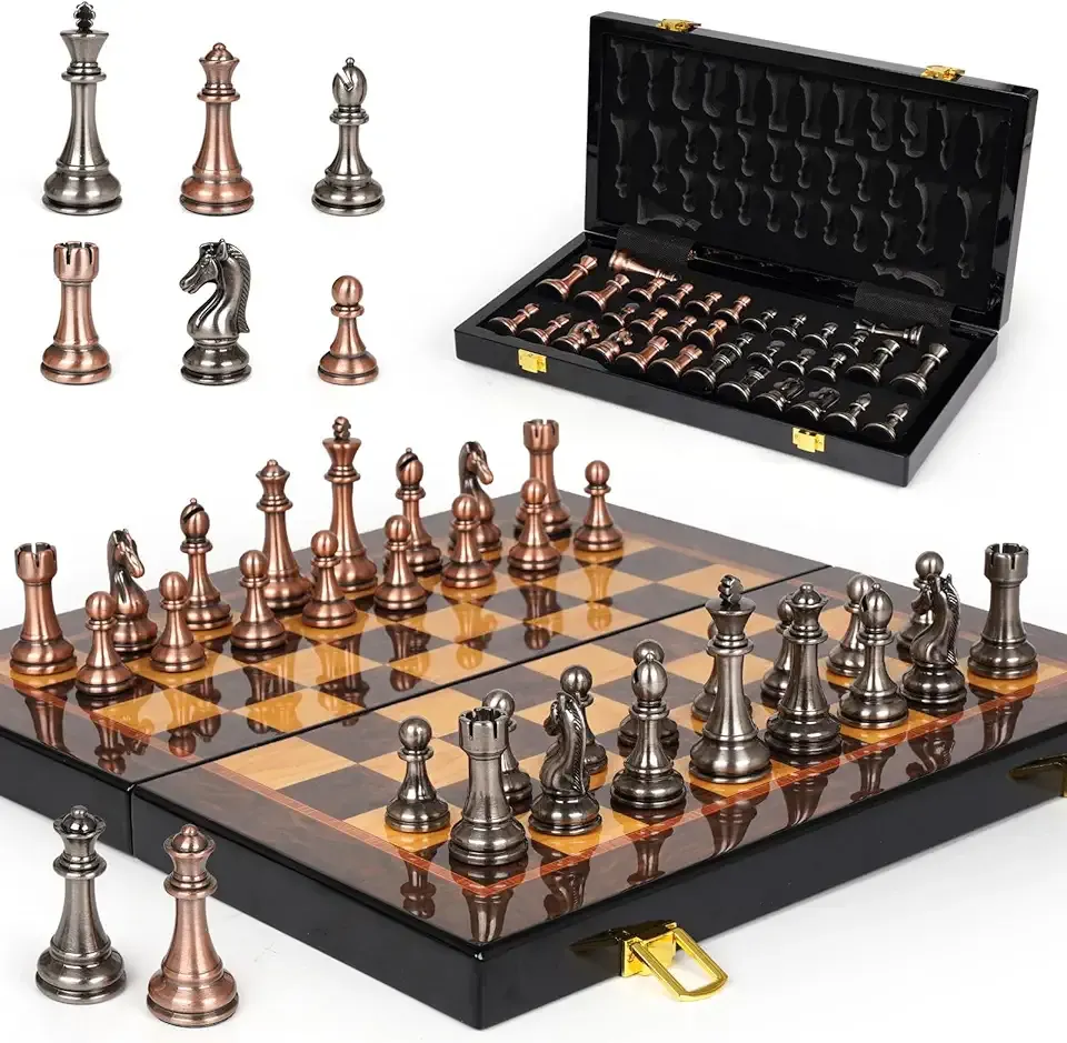 Luxury Metal Chess Set with 15 Inch Wooden Chess Board | Weighted Metal Chess Pieces | 2 Extra Queens | Professional & Tournament Style Chess Set for Adults | Elegant Game Room & Office Decor