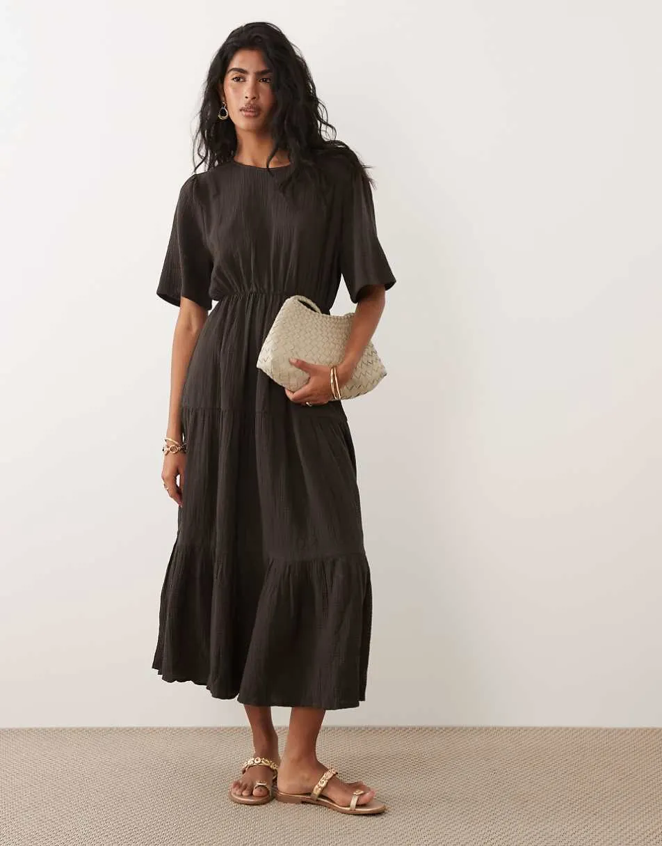 JDY tiered midi dress in chocolate brown