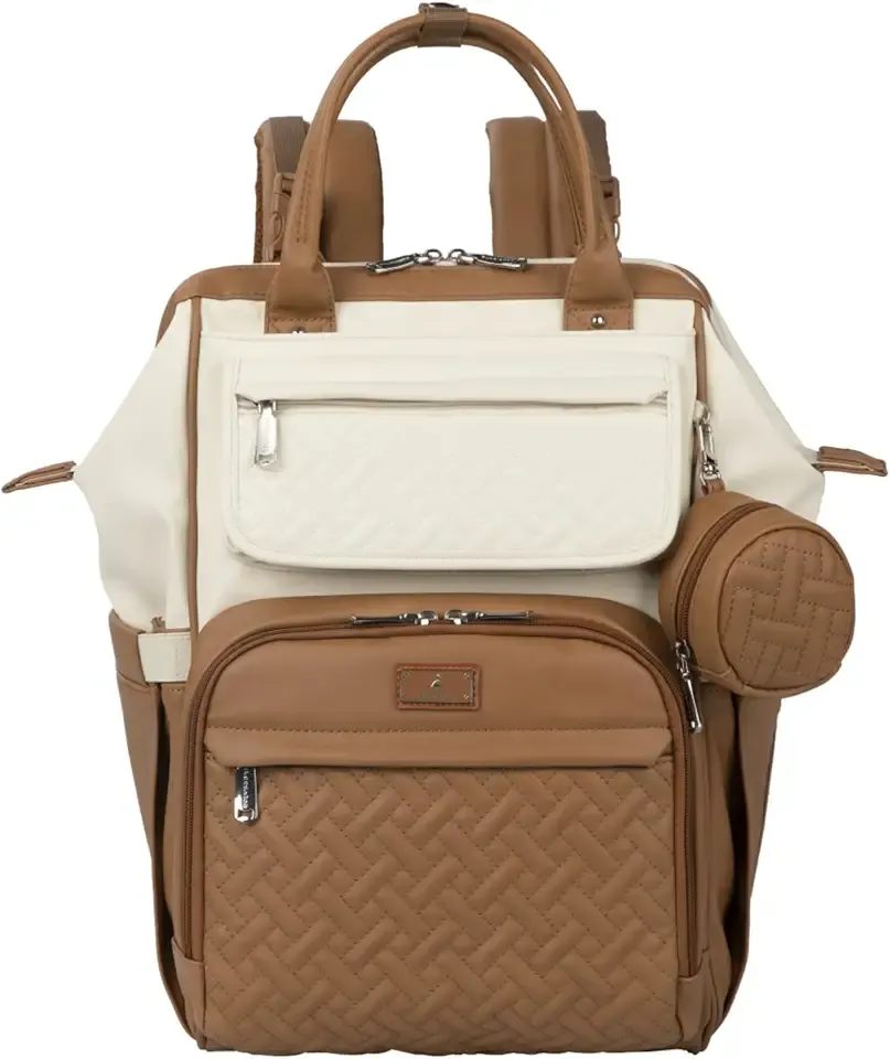 BabbleRoo Leather Diaper Bag Backpack, Multifunction Large Bags with Changing Pad & Stroller Straps & Pacifier Case, Unisex Stylish Travel Back Pack Nappy Changing Bag for Moms Dads (Caramel Cream)